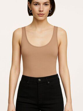 NWT Bassike Womens Small Scoopneck Thong Bodysuit Tank Top Nude